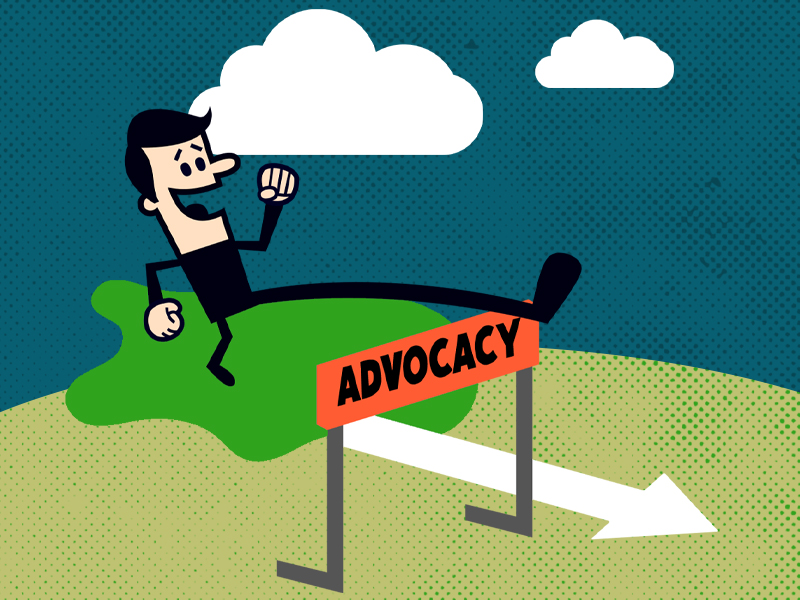 Person jumping over hurdle labelled 'advocacy'