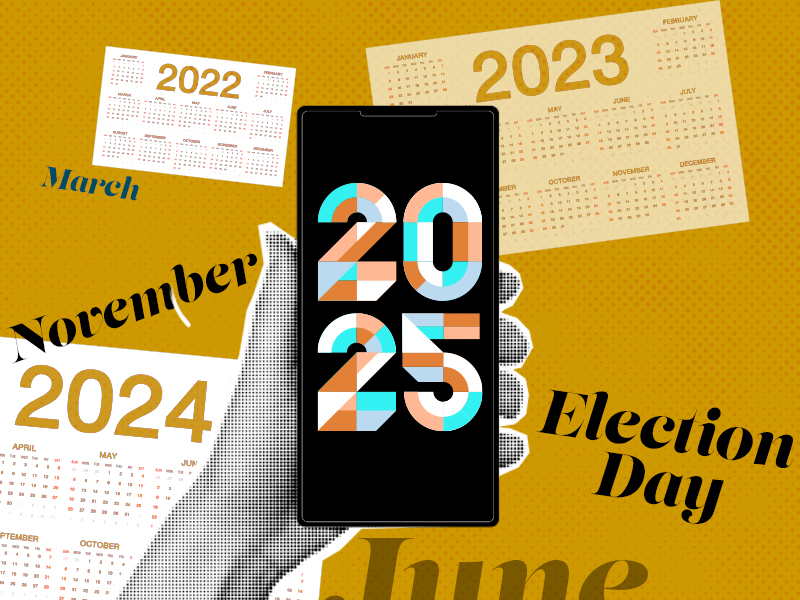 Phone with 2025 on it and surrounded by calendars