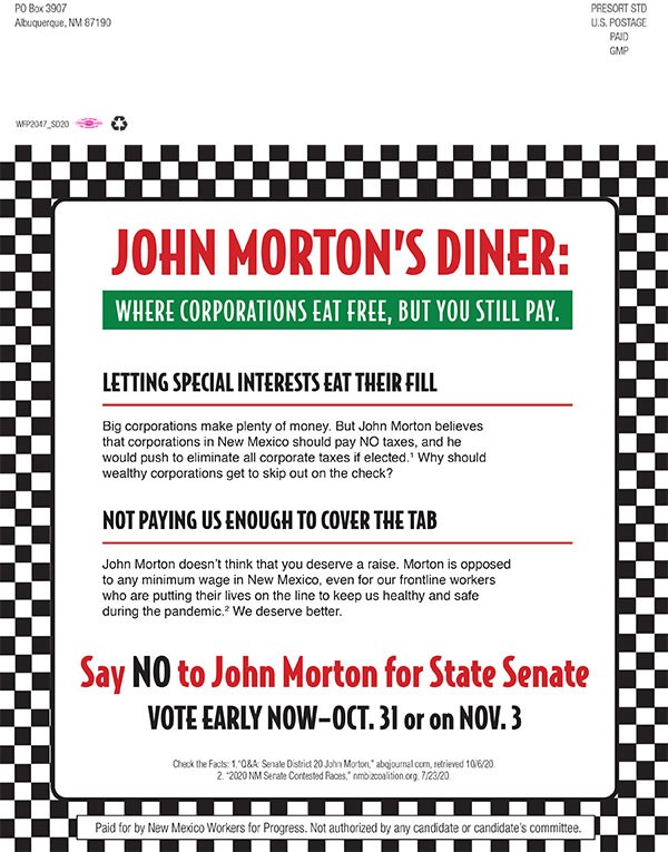 John Morton's Diner: Where Corporations Always Eat Free! Political Direct Mail Ad
